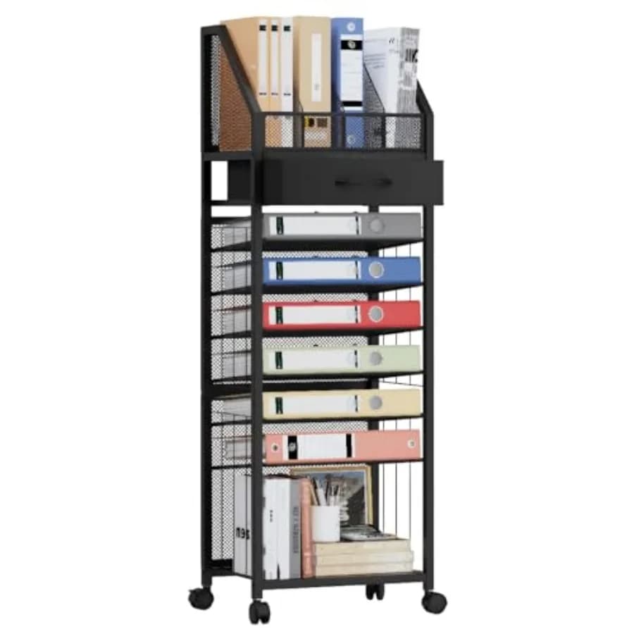 Carrello Portadocumenti a 9 Ripiani - Organizzatore per Carta con Cassetto e Vassoi, Organizzatore da Scrivania in Legno per Ufficio e Archivio
