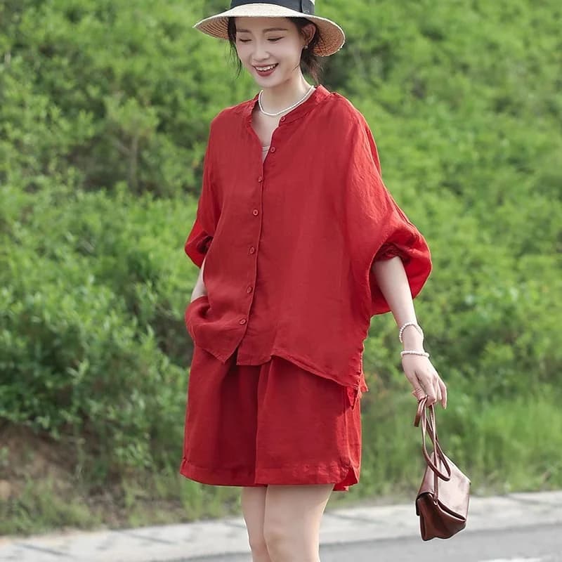 Vintage Summer Ramie Outfits Loose Casual Shorts Suit Women Blouse Wide Leg Shorts Two Piece Sets Sun Protection