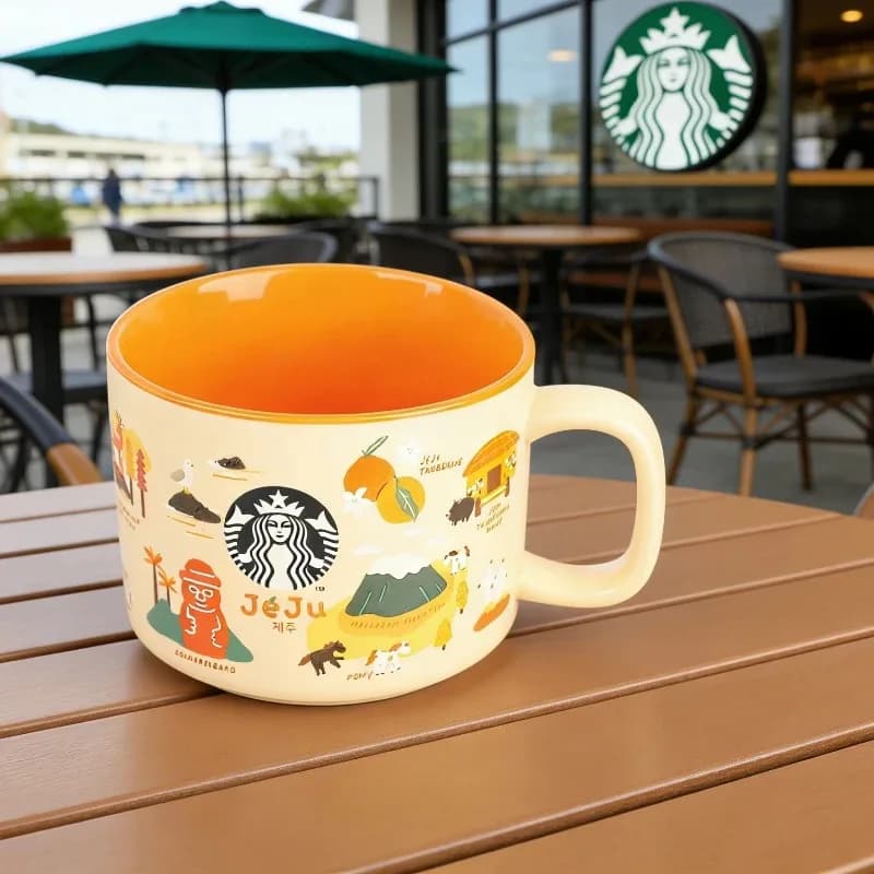 Tazza Regionale Starbucks Corea Jeju 355ml in Ceramica Gialla con Illustrazioni Culturali Naturali, Elegante Articolo per Bere