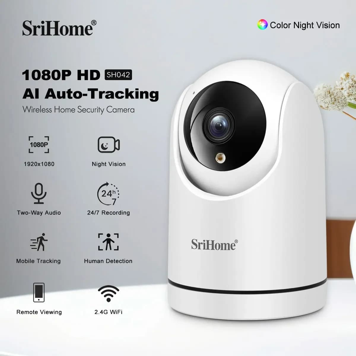 Telecamera IP WiFi Srihome Full HD PTZ con Visione Notturna a Colori, Audio Bidirezionale, Monitor per Bambini, Tracciamento Automatico, Telecamera di Sicurezza Domestica CCTV