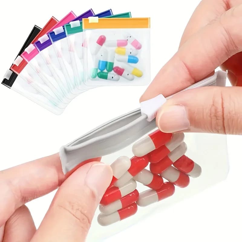 Set di 14/7 Bustine Riutilizzabili con Cerniera per Pillole, 7 Colori, Sacchetti Autosigillanti per Medicinali, Bustine da Viaggio Semi-Trasparenti per Compresse