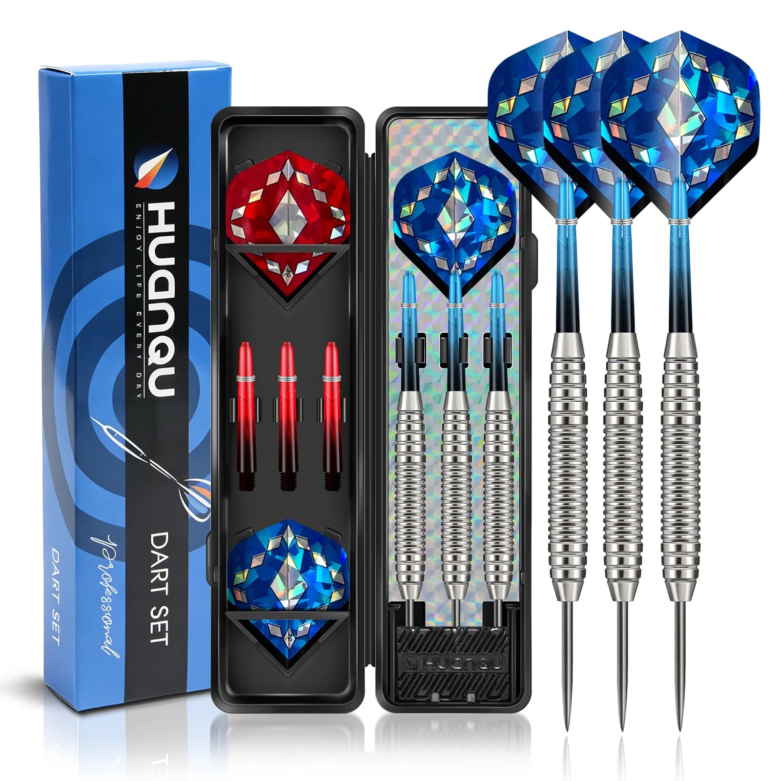 HUANQU 3Pcs 19g Steel Tip Darts Metal Iron Barrel Set with Extra Shafts PET Flights Case Box
