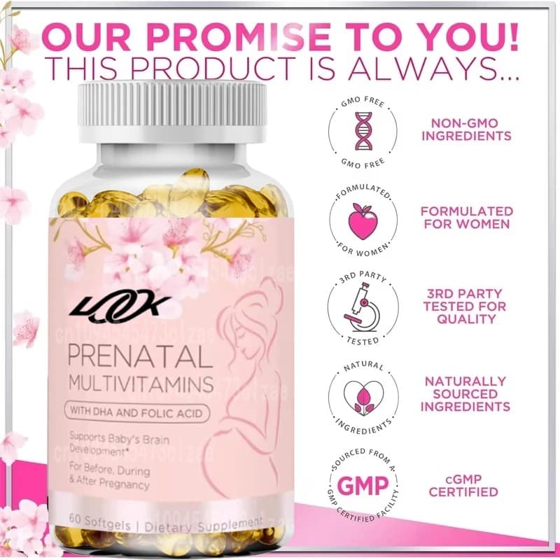 Prenatal multivitamins containing folic acid, iron, DHA, vitamin C, E - mineral supplements, 60 vegetarian soft capsules