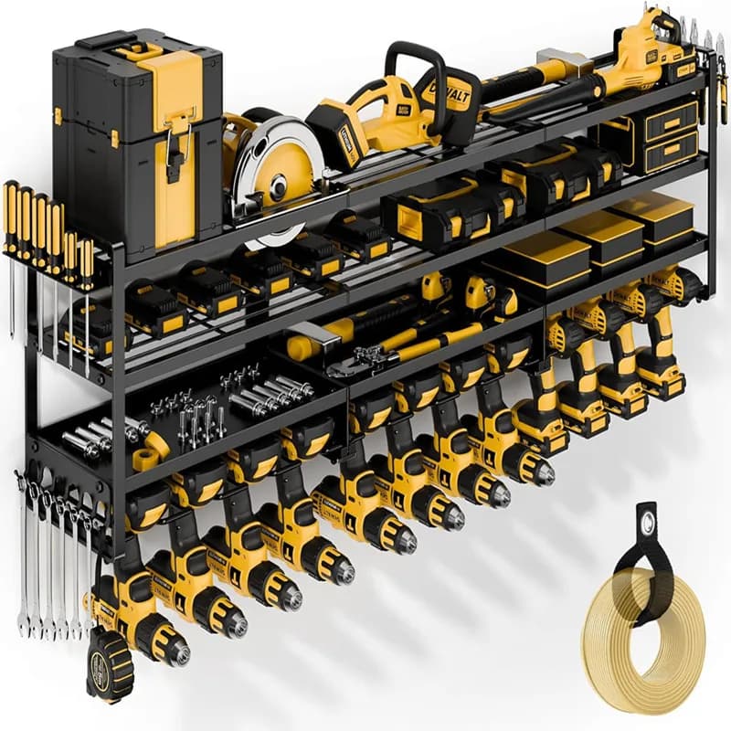 Large Power Tool Organizer Wall Mount Heavy Duty 4-Tier 12 Drills Holder Tool Storage Battery Shelf for Workshop Shed Basement