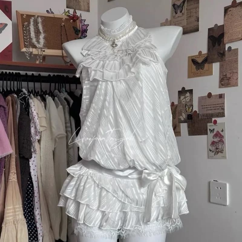 Women's Summer Blouse Pencil Skirt Tiered Skirt Two-piece Set Vintage Second-hand Bow Detail Halterneck Lace Niche Versatile New