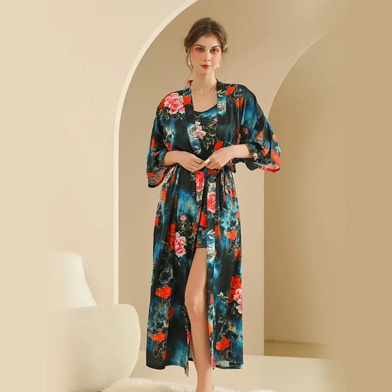 Print Flower Women Long Robe Home Dress Kimono Bathrobe Gown Spring Summer Nightgown Negligee Loose Casual Rayon Sleepwear