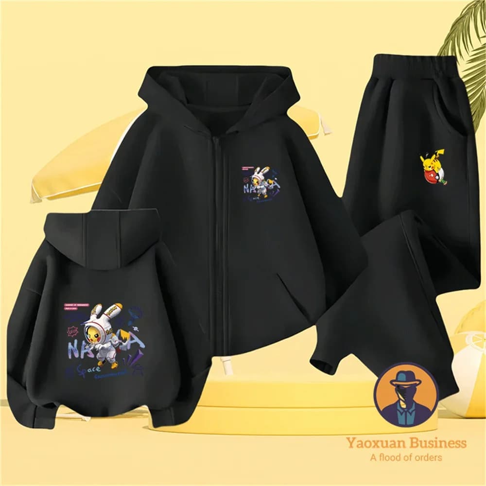 Completo Due Pezzi con Cappuccio e Zip Pikachu in Puro Cotone, Comodo e Casual, per Bambini e Bambine, Autunno Inverno 2026