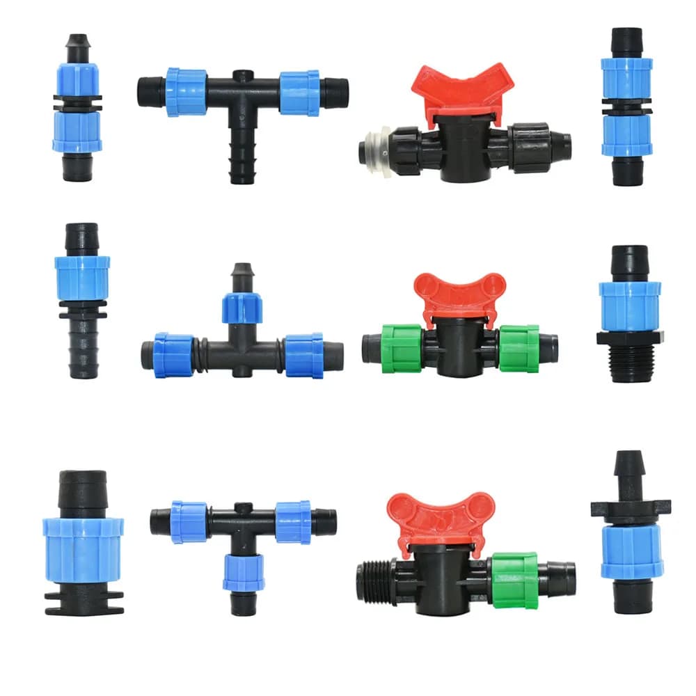 16mm connettori a nastro antigoccia per irrigazione tappo a gomito a t con dado di bloccaggio gocciolamento tubo dell'acqua giunto Splitter acqua 1/2 3/4 filetto 4 pezzi