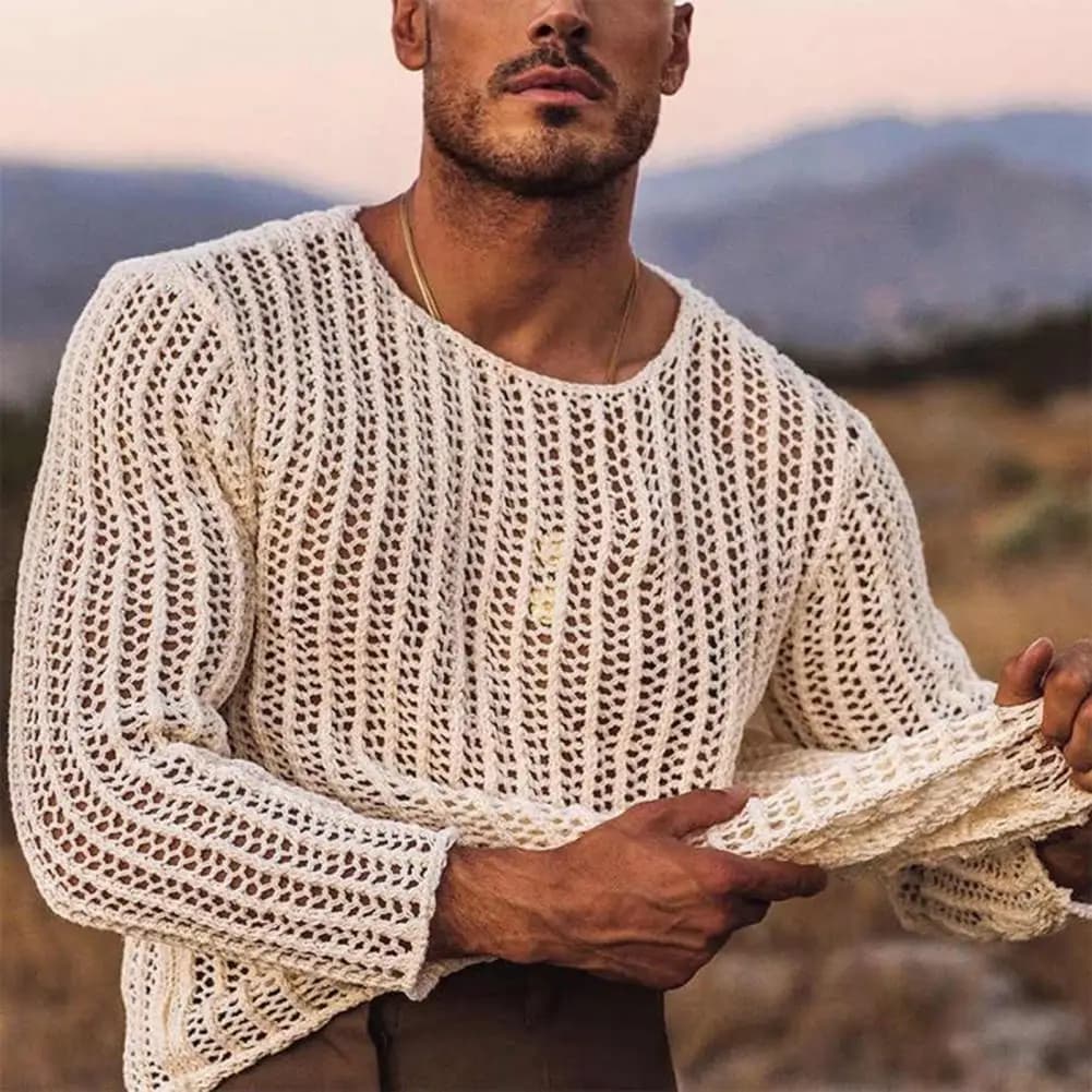 Top da uomo in rete trasparente a maniche lunghe girocollo scollato camicia da uomo sexy che tocca il fondo top in rete lavorata a maglia per uomo