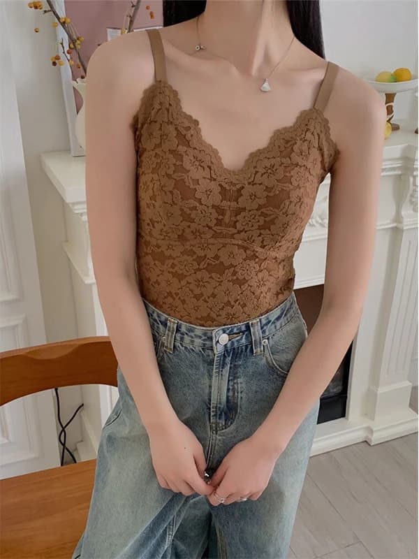 Intimo Termico Rinforzato con Spalline in Pizzo, Top Senza Maniche con Scollo a V e Imbottitura Integrata per Donna, Autunno Inverno