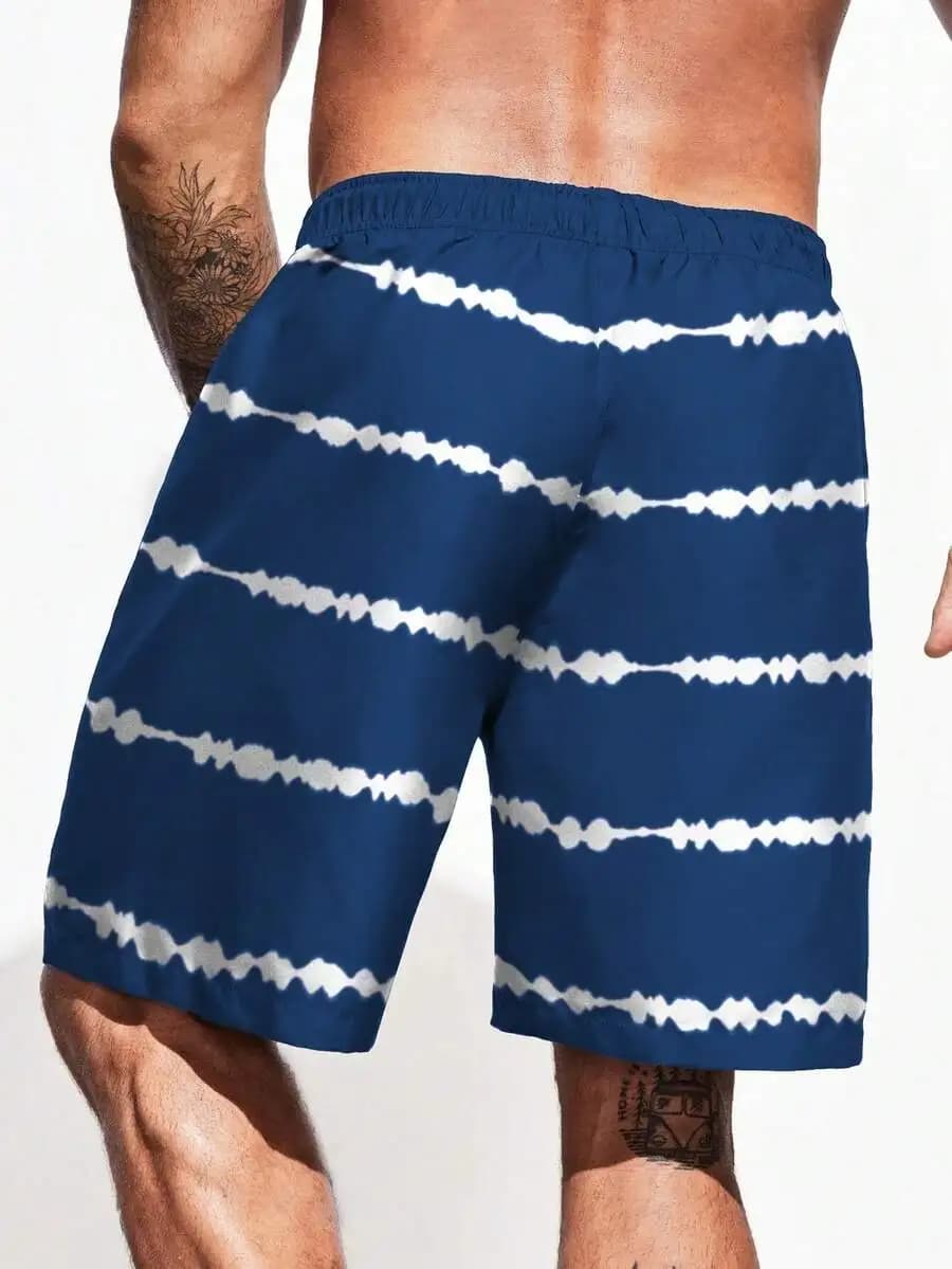 Mens Tie Dye Stripe Shorts Elastic Waist Drawstring Lightweight Casual Beach Shorts