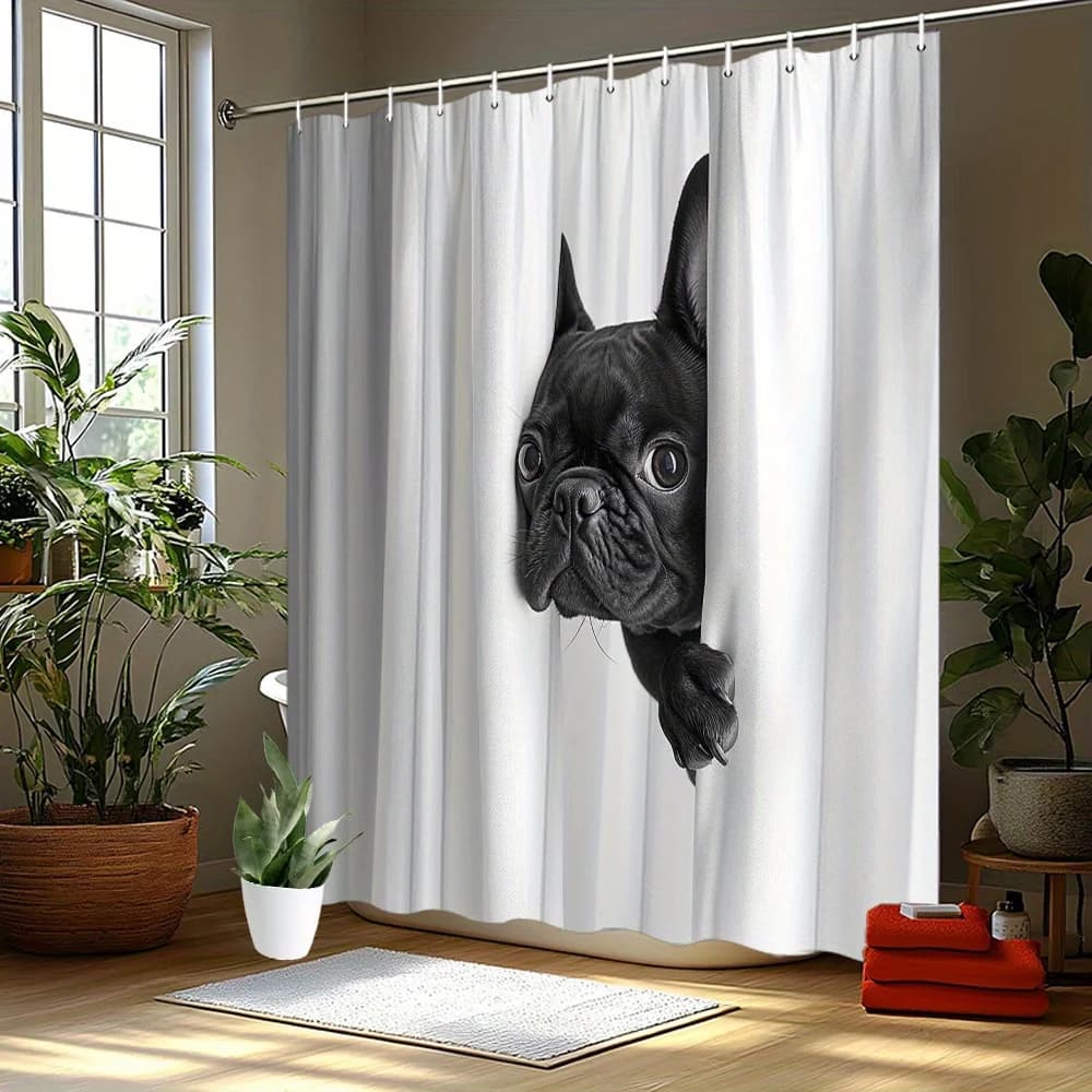 3D Funny Black French Bulldog Peeking Out White Curtain Print Shower Curtain Waterproof Mildew Resistant Polyester Fabric With 1
