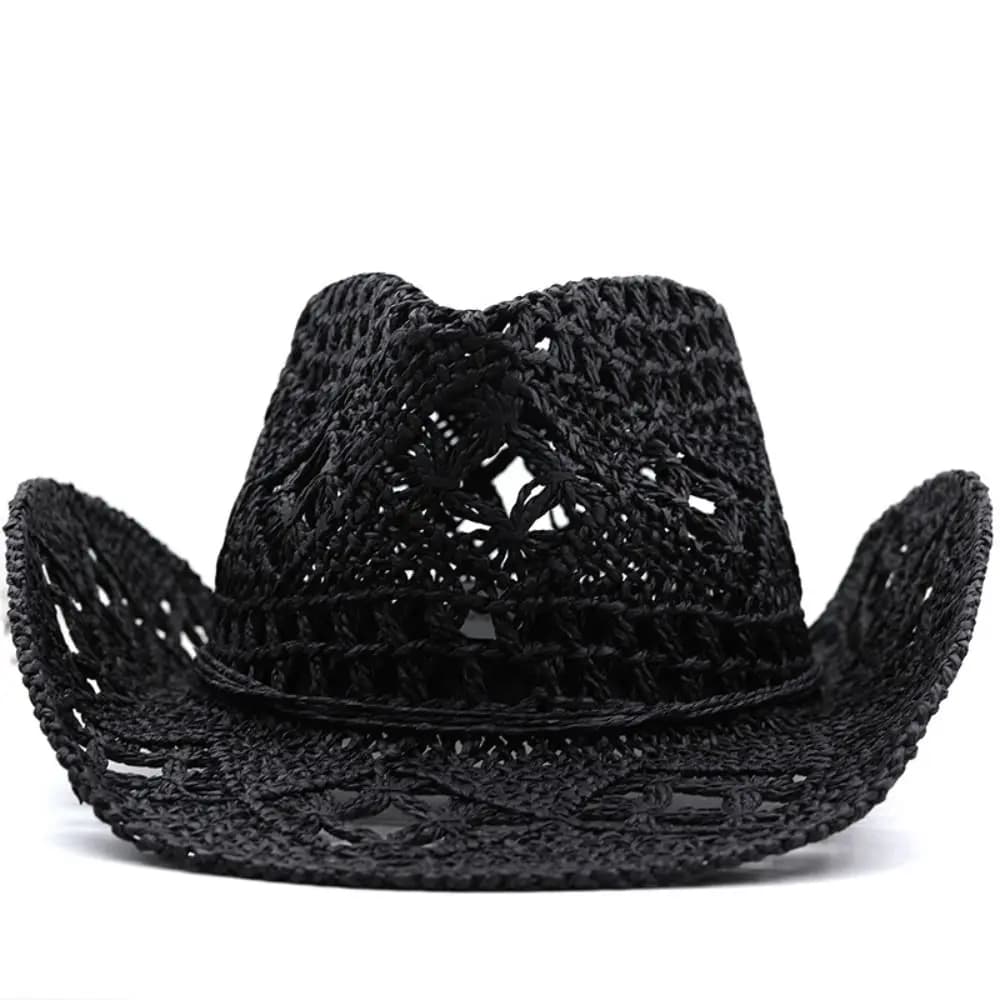 Cappello di paglia vintage a tesa larga, intrecciato, stile cowboy western, fatto a mano, protezione solare, per uomo e donna