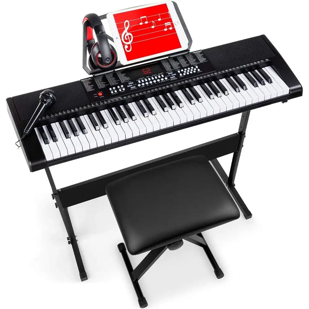 61 Key Portable Electronic Piano Complete Beginner Set With LED Screen Stand Bench Headphones Black