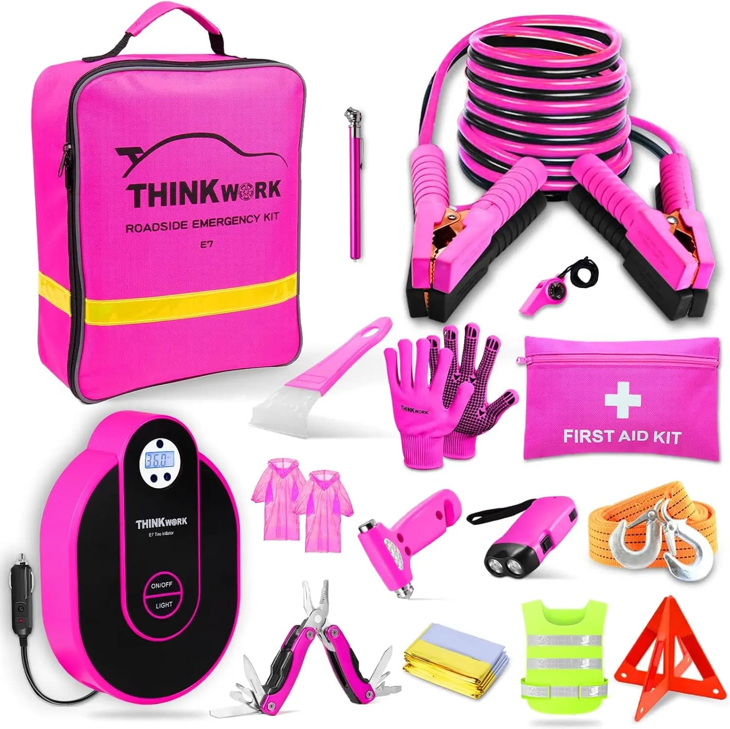 Kit di emergenza per auto rosa per donna con compressore d'aria digitale, cavi jumper, pronto soccorso - regalo ideale