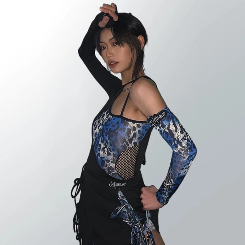 Costumi di performance di danza latina sexy Rete da pesca per donna Gonna con stampa leopardata blu Gonne Abito femminile Abiti da ballo moderno DN19784
