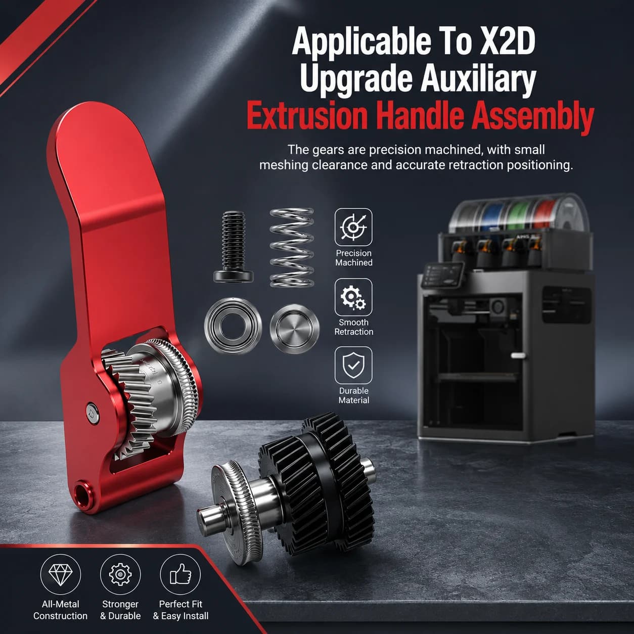 Precision All-Metal Extruder Gear Assembly for Bamboo Lab X2D, CNC Hardened Steel Upgrade, Red 3D Printer Accessory Parts