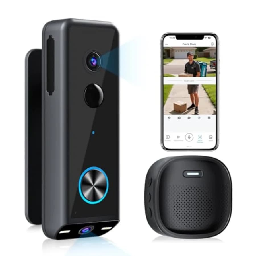 Campanello wireless con telecamera per la sicurezza domestica, corpo in lega di alluminio, nero opaco, doppia telecamera HD 2K con visione da testa a fondo schiena, batteria