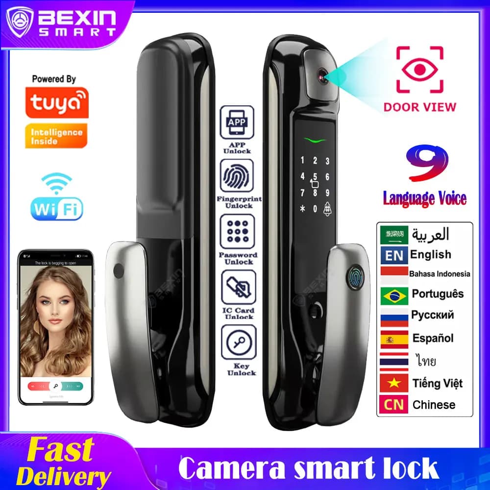 Tuya Wifi serratura completamente automatica serratura per impronte digitali Auto elettronica Bio-metrica impermeabile Rfid Cat Eye Camera Smart Door Lock
