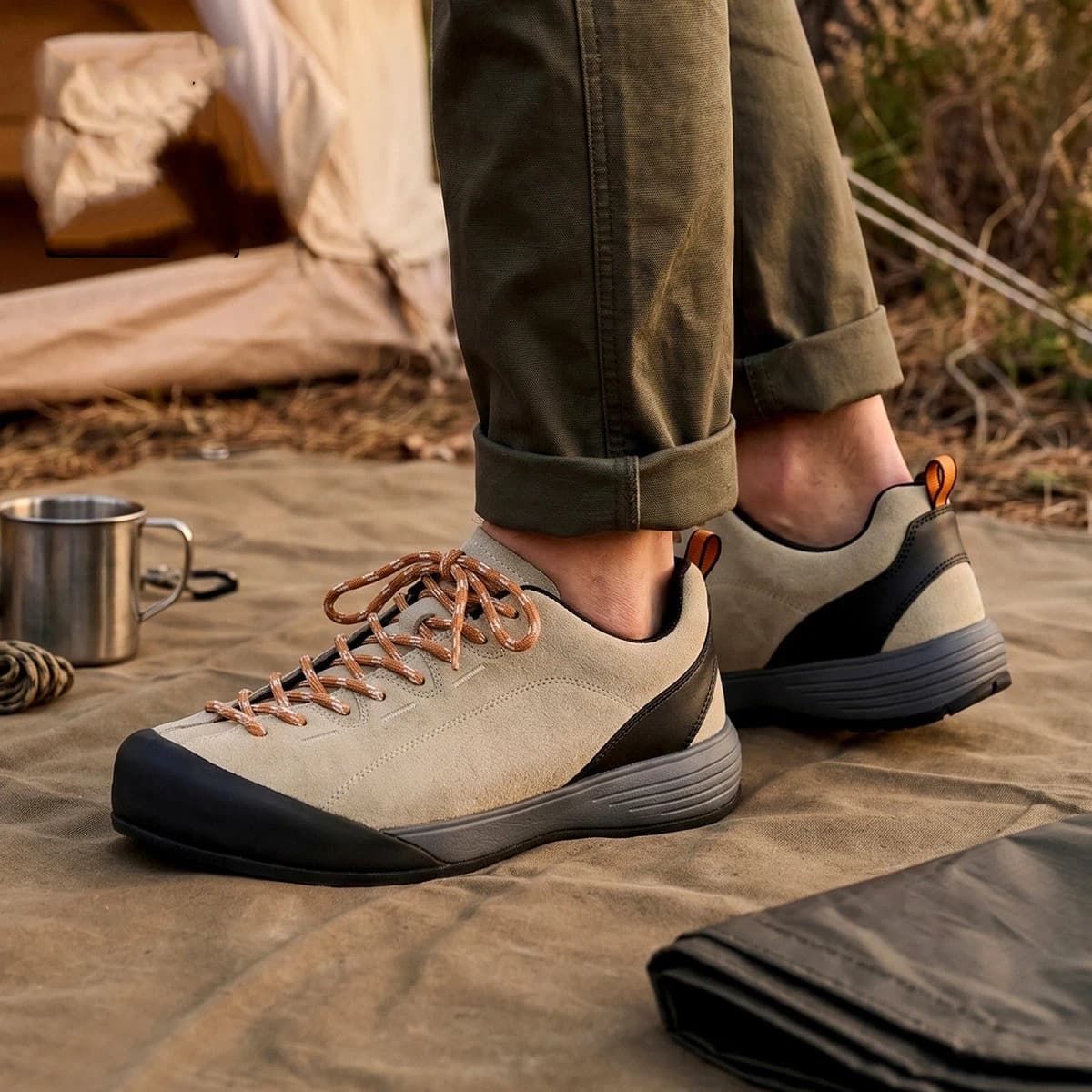 YETTIES Men's Low-Top Outdoor Hiking Shoes | Anti-Collision Toe Nubuck Leather | Casual Urban Commuter Camping Trekking Boots
