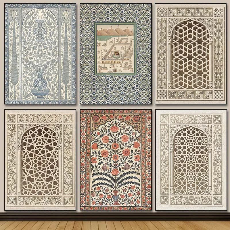 (No frame)Vintage Islamic Mosque Window Architecture Canvas Painting Muslim Poster Wall Art Prints Picture for Living Room Ho