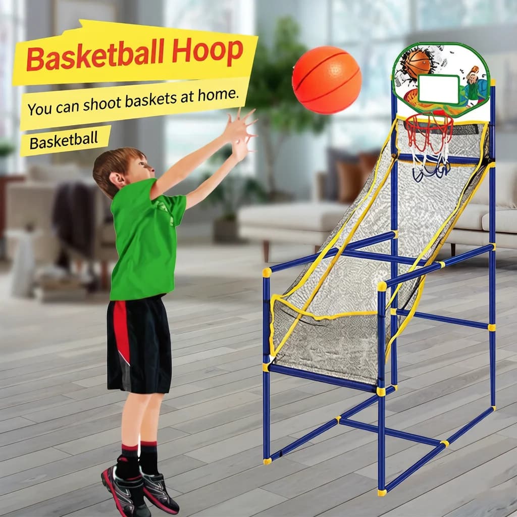 Set Canestro da Basket per Bambini da Interno con Rete di Recupero Pallone, Altezza Regolabile, Facile Montaggio, Divertente per Bambini e Prescolari