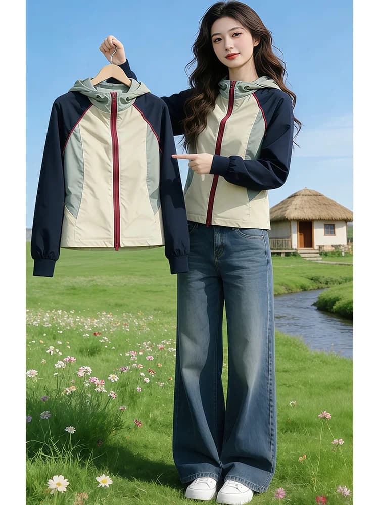 Ice Silk Women's Summer Hat Matching Color Splicing Short Coat High Sensation Sunscreen Clothes Top Casual Loose Style Long S...