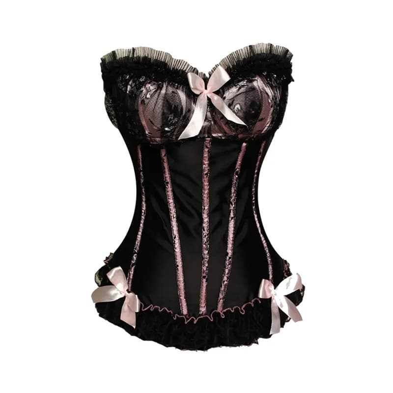 Womens Satin Overbust Corset with Cup Side Zipper Sexy Bownot Bustiers Lace Up Boned Gorset Top Shapewear Lingerie Corselet