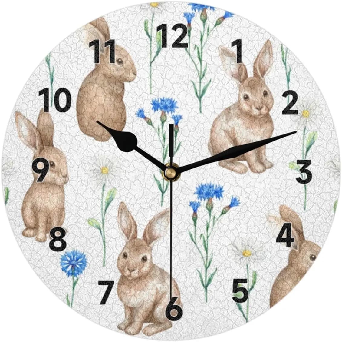 Flower Decorative Round Wall Clock with Easter Rabbit Modern Wall Clock with Animal Flowers 9.84 inch Battery Operated for Kitchen