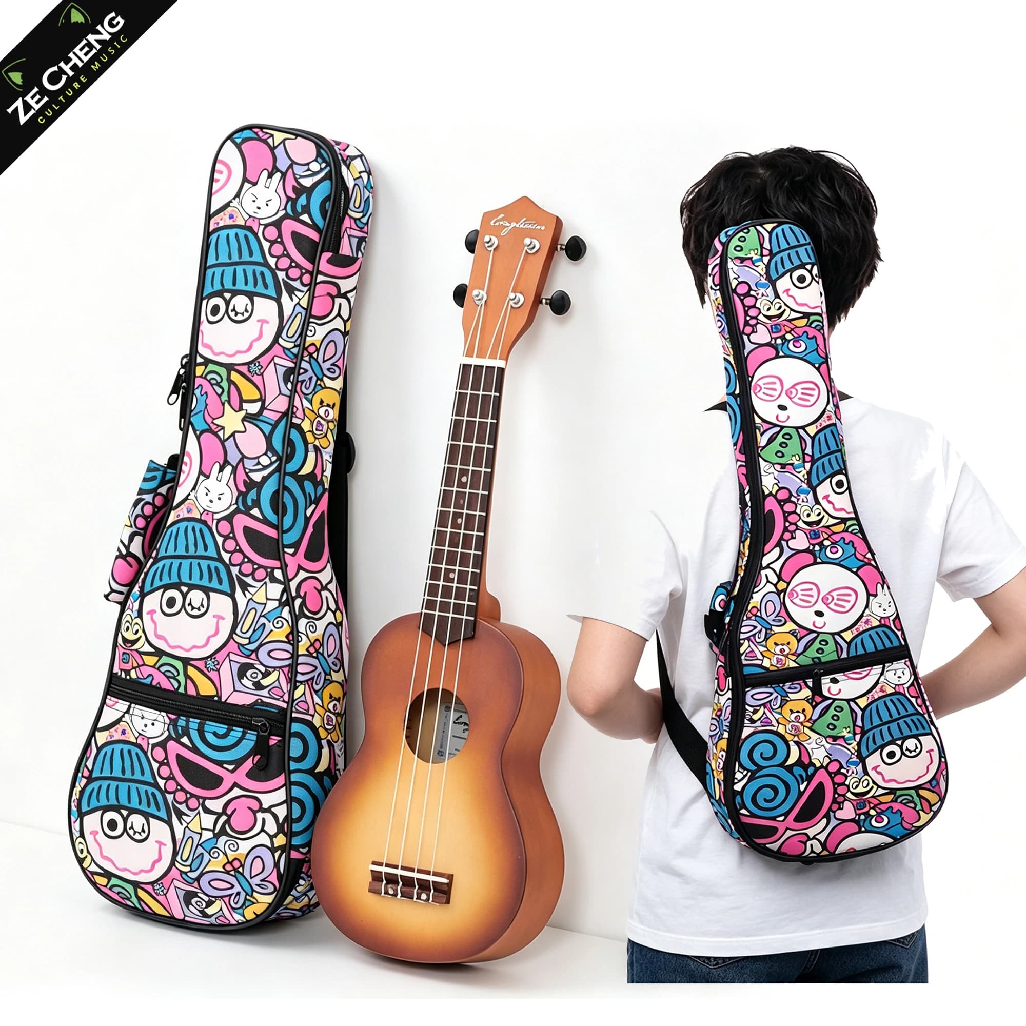 Zaino imbottito colorato per ukulele, adatto per ukulele da 21, 23, 26 pollici, custodia spessa e morbida con doppie cinghie, carino