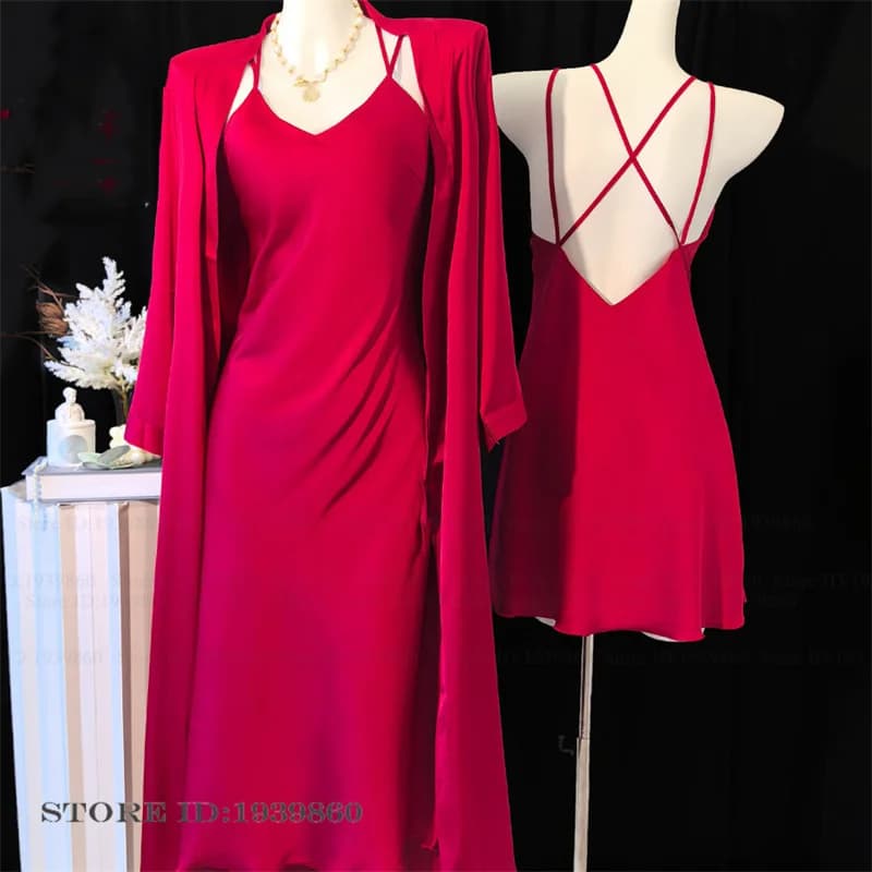 Sexy Ice Silk Women Twinset Robe Set Elegant Night Shirt Long Kimono Bathrobe Backless Dress Nightwear Summer Sleepwear Homewear