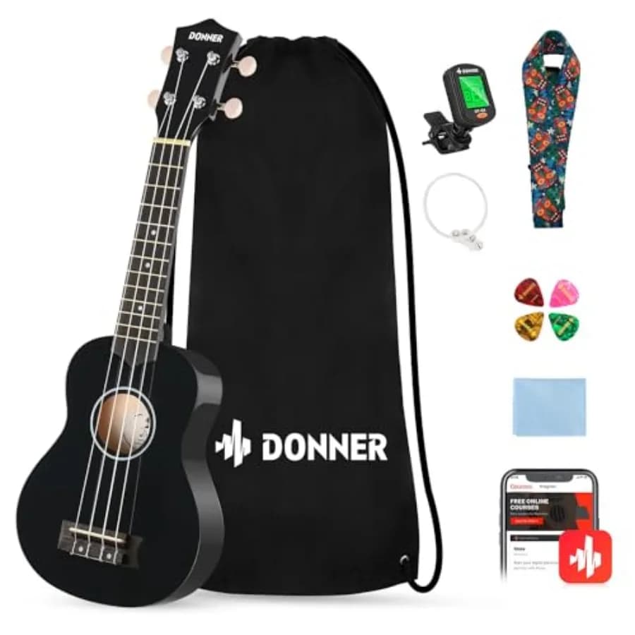 Ukulele Soprano da 21 Pollici per Principianti con Kit di Lezioni Online Gratuite in Nero, Include Borsa, Tracolla, Corde, Accordatore, Plettri e Panno