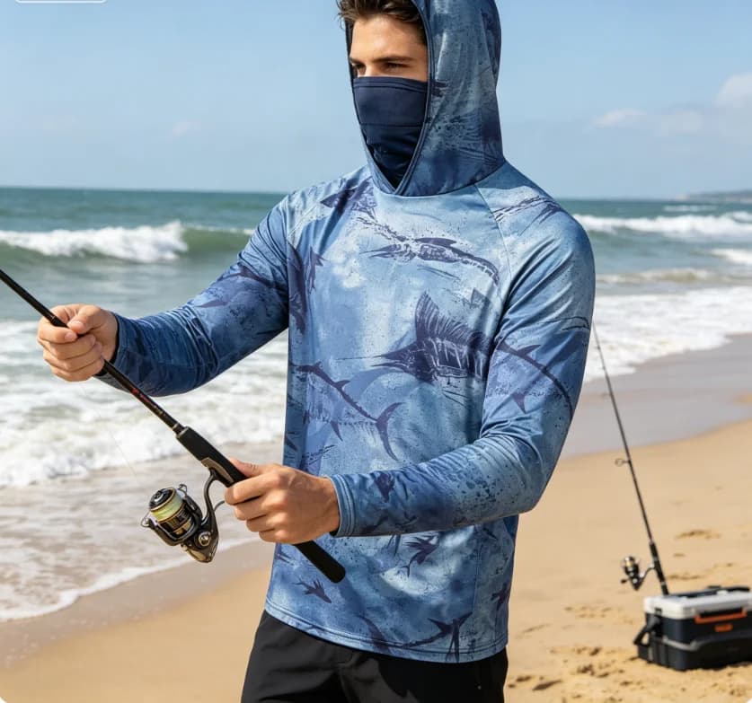 Magliette da pesca con cappuccio da uomo, protezione UV, maniche lunghe, con gaiter per il collo, maschera traspirante, top da pesca
