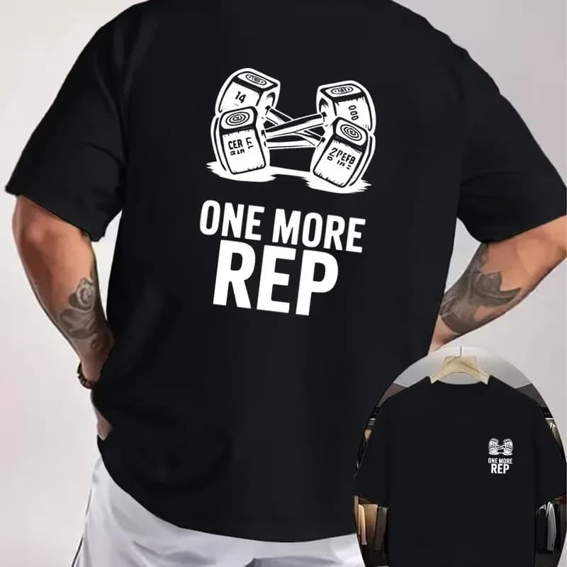 ONE MORE REP Dumbbell Fun Illustration Pattern Motorcycle Double Sided Print T-Shirt Men's Summer Short sleeve O-Neck Casual Top