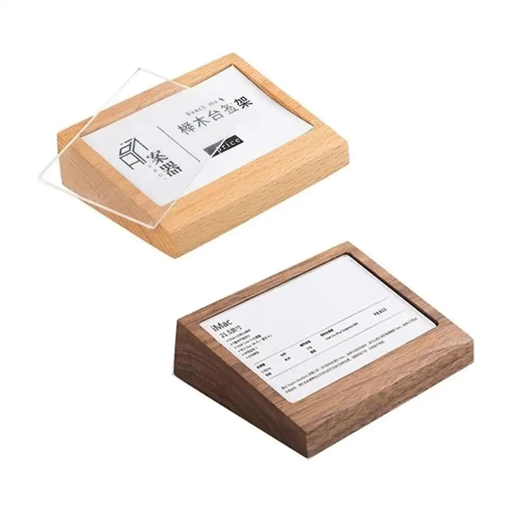 Display per biglietti da visita Pannello acrilico Menu da tavolo in legno Supporto per cartello Supporto per etichette in carta per prezzi Porta etichette
