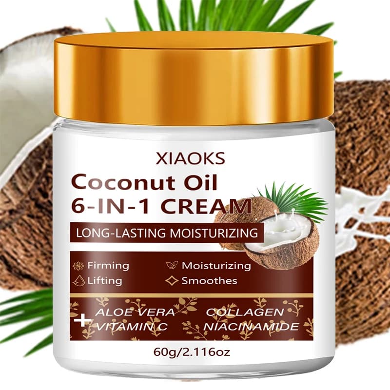 Coconut Oil Six-In-One Face Cream, Deeply Hydrating and Moisturizing, Contains Aloe Vera, Collagen, Niacinamide, Vitamin E, Alcohol-Free and Non-Greasy, Brightens Skin Tone, Enhances Elasticity, Skin Care, and Gives Skin a Youthful Glow