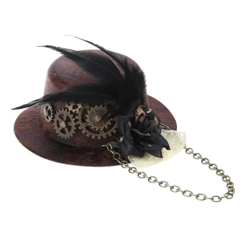 Women Halloween Gothic Mini Cylinder Hat Steampunk Gear Chain Feather Flower Fascinator Hair Clip Victorian Cosplay N09 21 Dropship