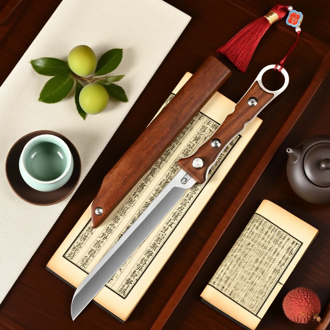 Premium wooden sheath cover for M390 stainless steel straight knife. Perfect for the kitchen and barbecue. Ultra-portable and multifunctional blade