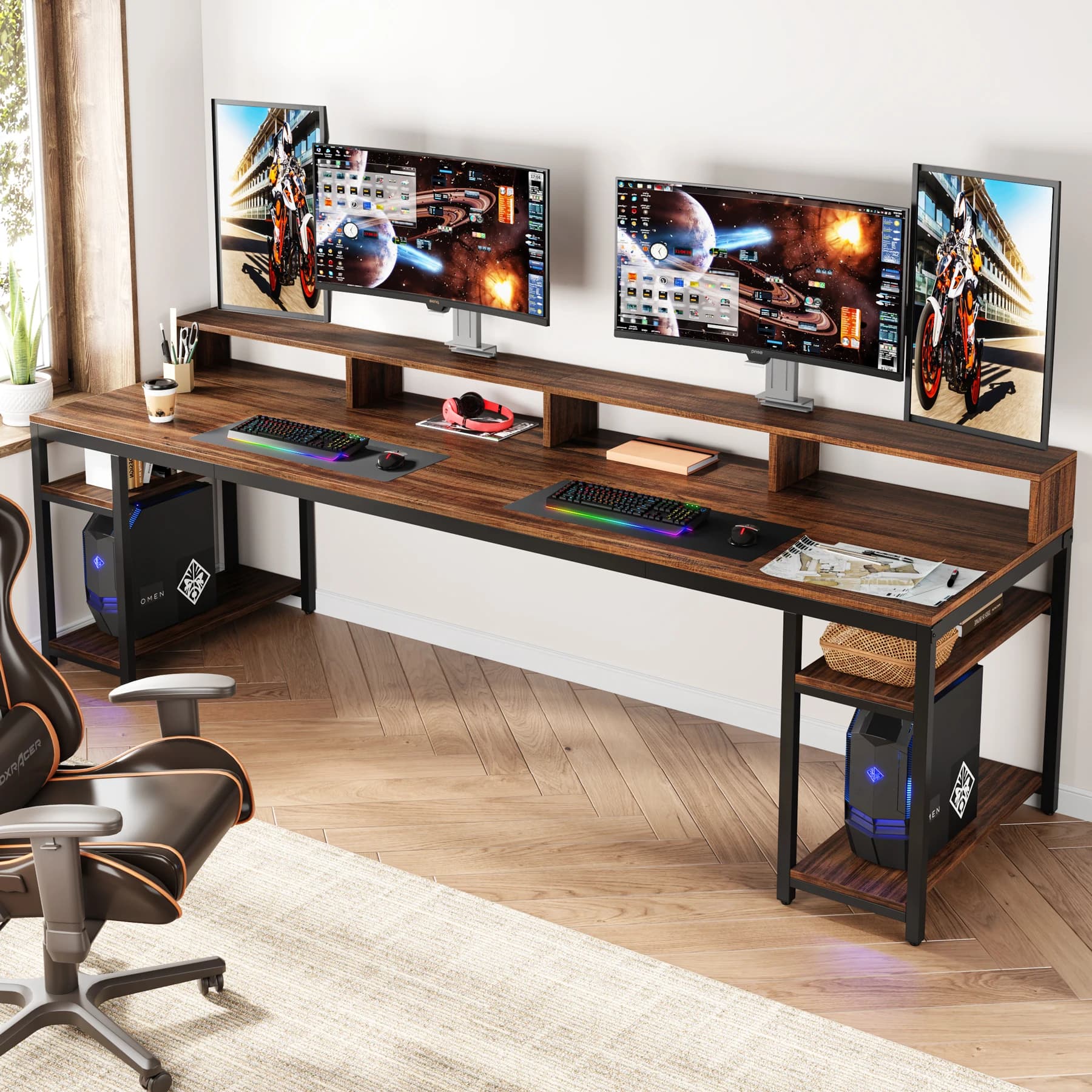 Tribesigns Extra long desk for two 78.74 inch people, double computer desk with monitor support and storage shelves, work table