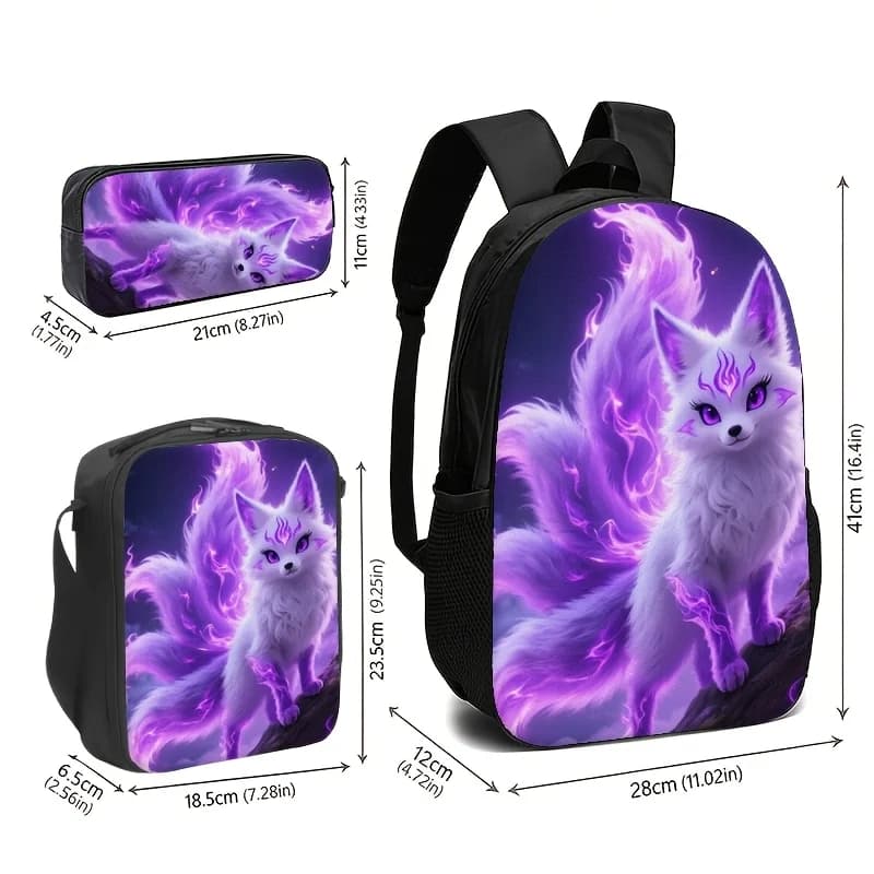 Purple Nine-tailed Fox-themed Backpack, Pouch, and Pencil Case Set with High-definition Print, Adjustable Straps, Large Capacity