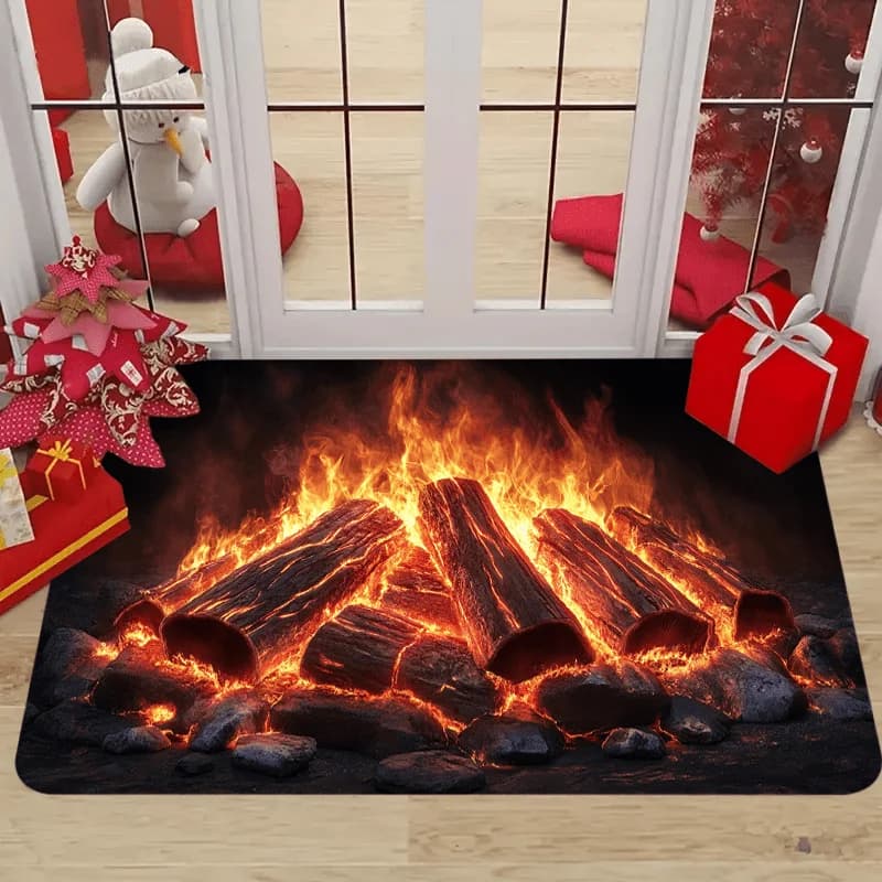 Tappeto di benvenuto con cane Pug che brucia tronchi di legno, decorazione natalizia con fiamme realistiche e accoglienti, tappeto lavabile antiscivolo per camera da letto e soggiorno
