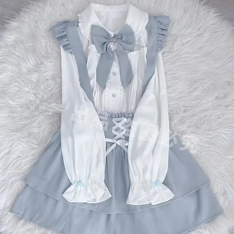Abito a canotta pieghettato con fasciatura giapponese + camicia monopetto Lolita con fiocco Set da 2 pezzi Abiti da donna Abiti Sweet Girl Y2k