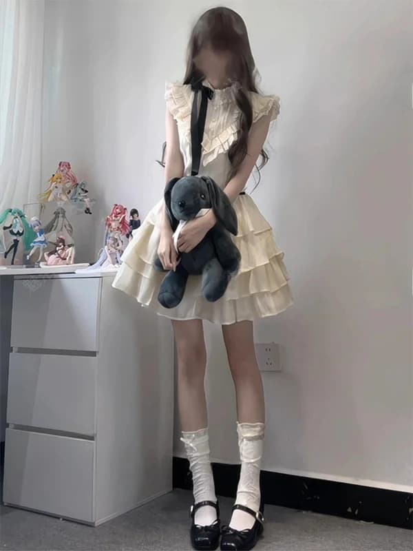 Abito Casual da Donna Stile Miu alla Moda con Pizzo Floreale, Maniche a Sbuffo e Gonna a Strati a Vita Alta per Primavera Estate Autunno