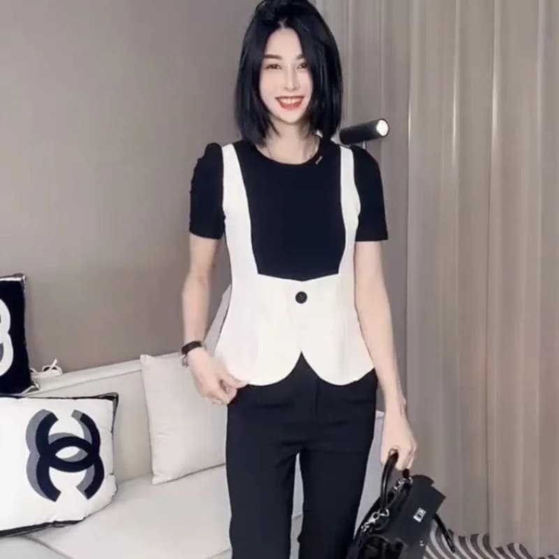 Tempera Moda Office Lady Summer Blouse White Black U Vest Patch False 2 pieces T-shirt Contrast color Elegant shirts Slim