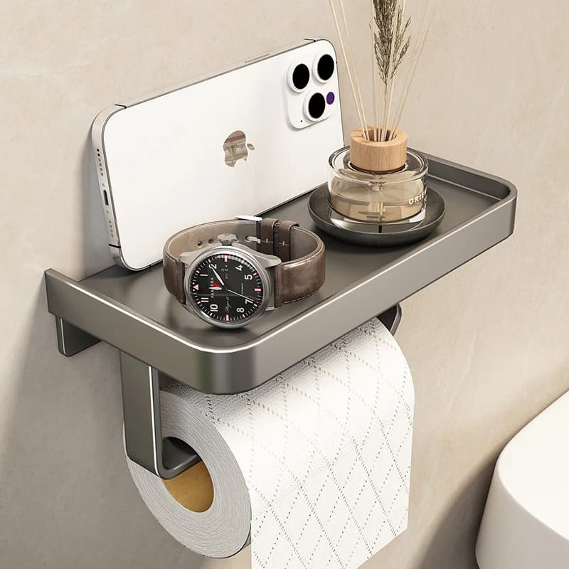 Portarotolo da Parete per Bagno Multifunzione con Porta Telefono e Mensola Porta Asciugamani - Accessori per WC