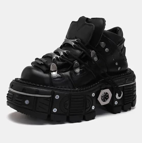 Scarpe alte in metallo con suola a canotta spagnola vintage Scarpe in pelle con plateau in pelle di vacchetta Scarpa singola con suola per muffin punk scuro da donna
