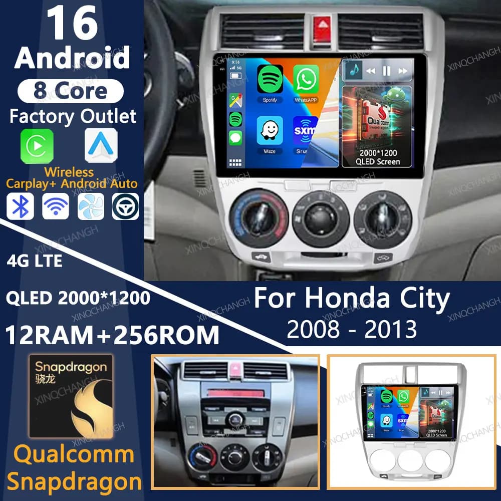 Android 16 Car Radio For Honda City 2008 - 2013 BT Qualcomm QLED Multimedia Stereo Video Player Carplay Auto 2DIN 4G LTE 5G WIFI
