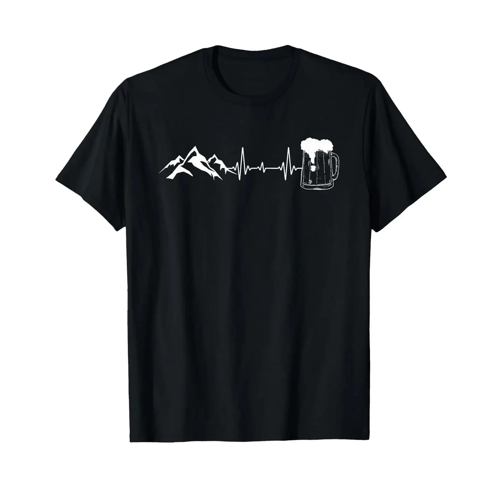 T-shirt con design Heartbeat Mountain e Beer Hiking Mug, design vintage, lavato, alla moda, unisex, morbido e confortevole, per l'uso quotidiano