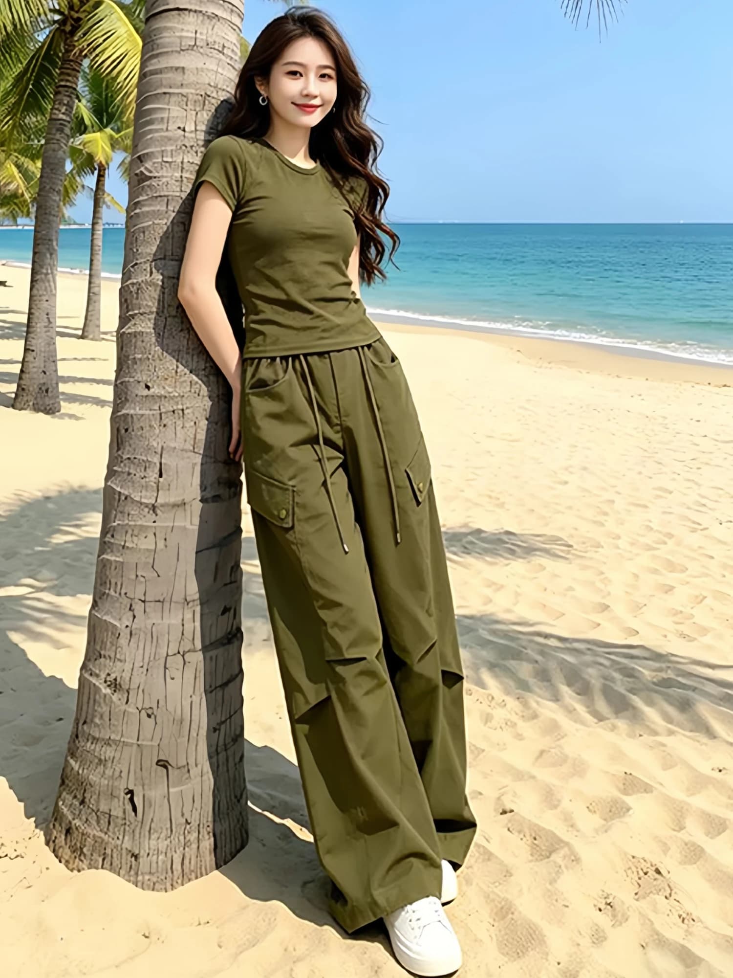 Slim Fit Short Sleeve T-Shirt And Wide Leg Pants Two Piece Set Casual Style Women's Fashion Summer Outfit High Waist Design