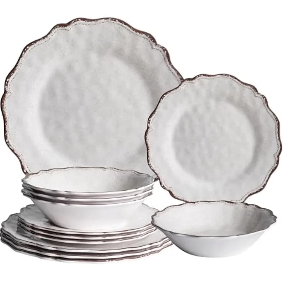 Set di Stoviglie in Melamina Stile Fattoria, 12 Pezzi, Piatti e Ciotole, Peso Perfetto e Infrangibili, Set di Stoviglie da Campeggio